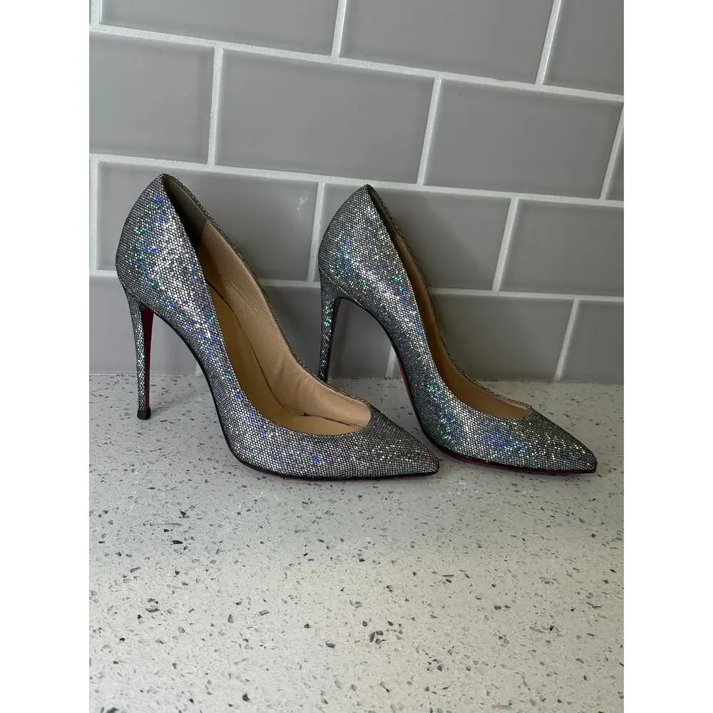 Christian Louboutin Silver Holographic Glitter Mesh Pointed Toe Pumps - 37.5